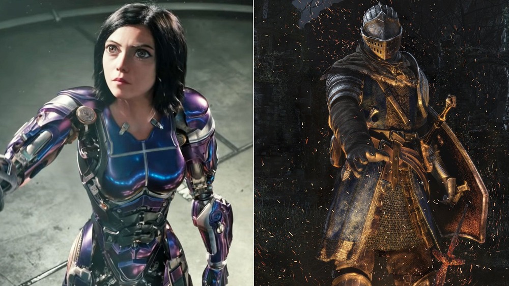 Rosa Salazar as Alita in Alita: Battle Angel and the box art of Dark Souls: Remastered