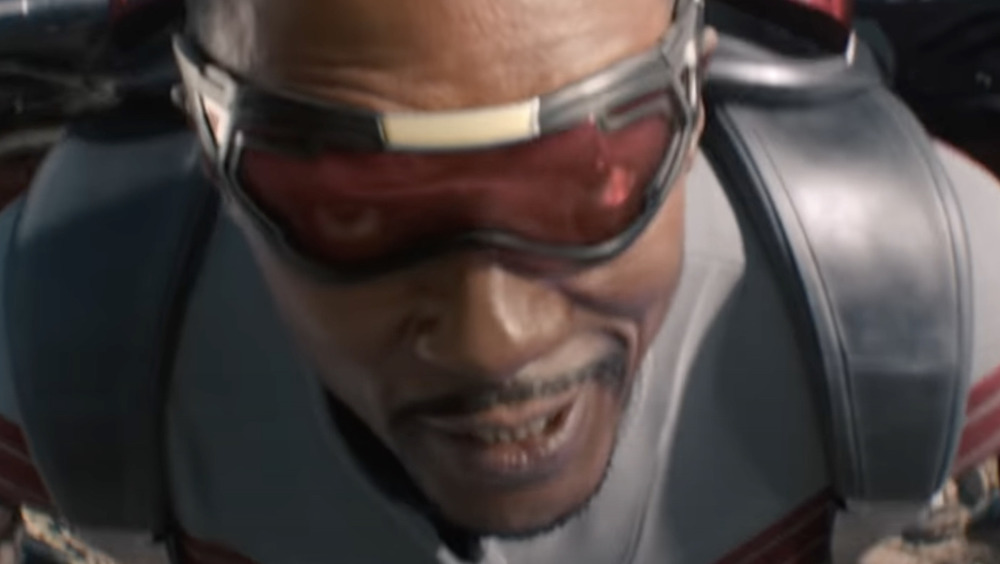 Extreme close-up on the Falcon's face when he's flying during the Falcon and Winter Soldier Super Bowl trailer