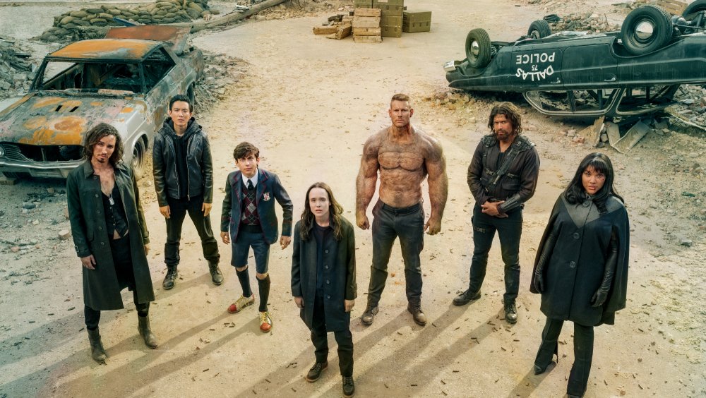 Robert Sheehan, Justin H. Min, Aidan Gallagher, Ellen Page, Tom Hopper, David Castañeda, and Emmy Raver-Lampman on The Umbrella Academy