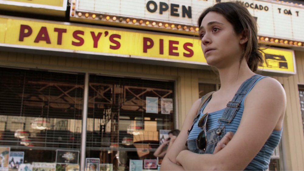 Emmy Rossum in front of Patsy's Pies on Shameless